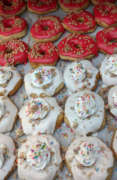 cookie dough cake & peanut pieces donuts