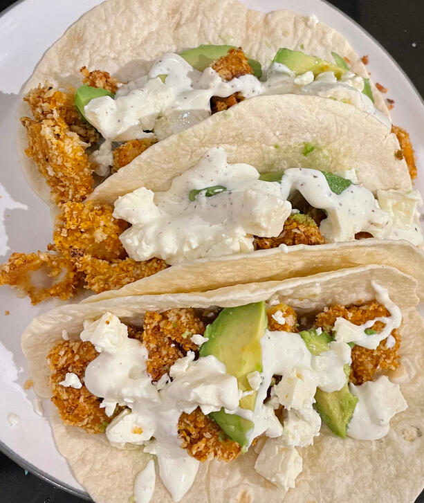 crispy fish tacos with chipotle mayo nd feta