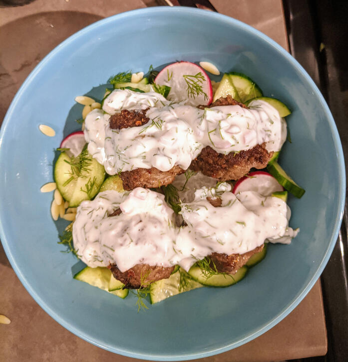 greek turkey meatballs with homemade tzatziki and orzo