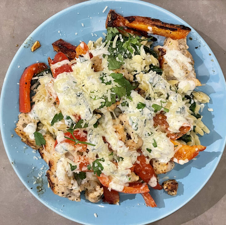 grilled chicken, roasted peppers, on orzo, sprinkled with tzatziki and parmesan