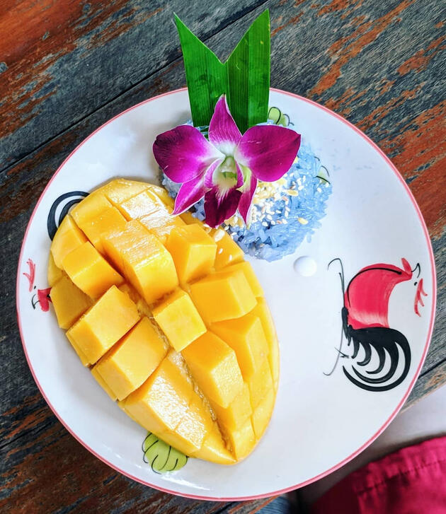 mango with sticky rice (condensed milk and pea flower)