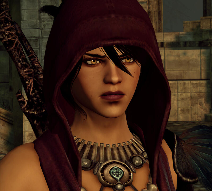 updated morrigan (medium skin tone/chasind, 4k textures, inquisition hair, concept art hood)