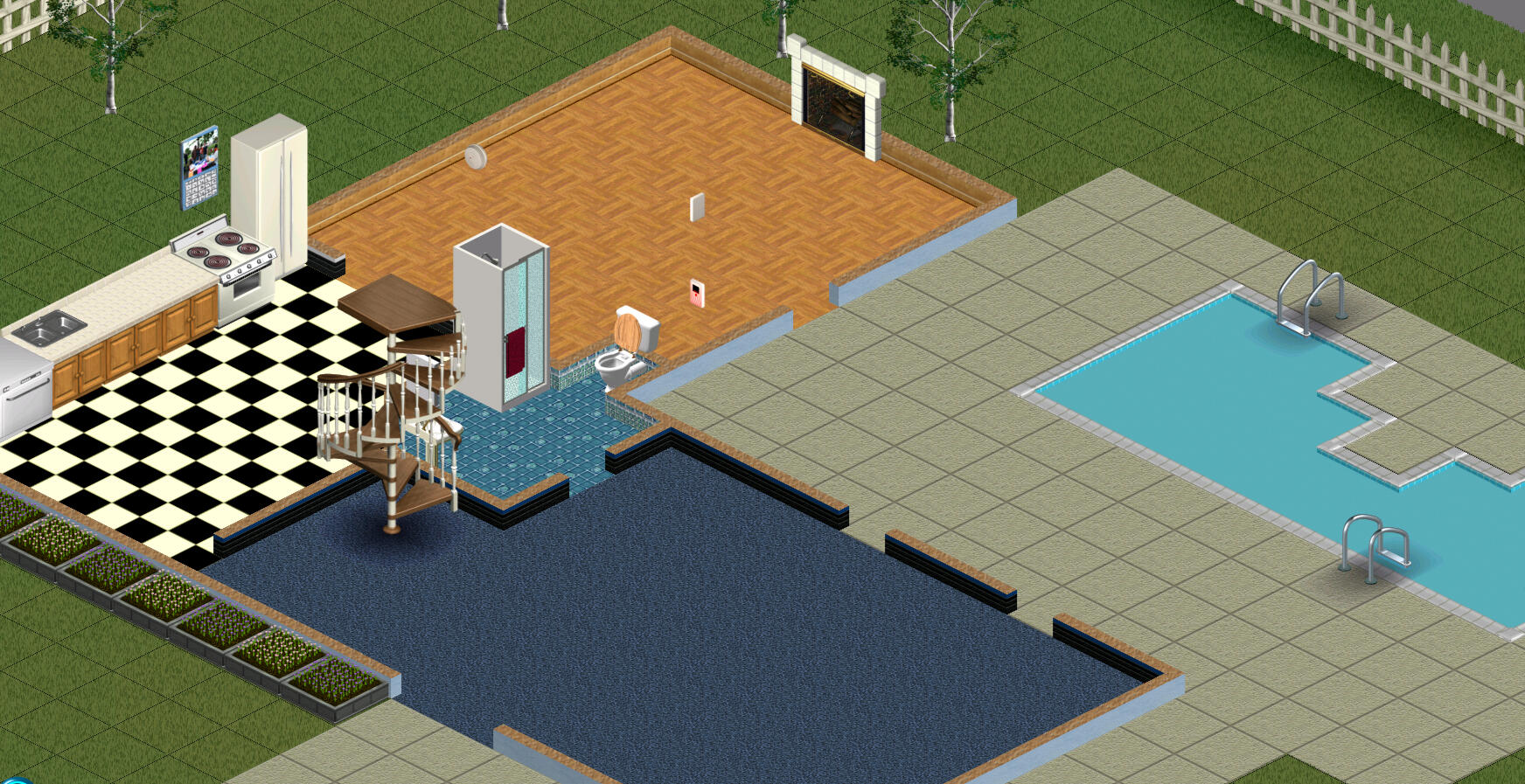 the sunflower home now has a less blinding patio, a kitchen, and bathrooms